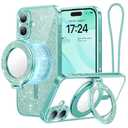 Meifigno Magnetic Case with Removable Phone Ring Stand for iPhone 16 Plus, [Glitter Card & Wrist Strap] [MagSafe Compatible] [Built in Mirror] Magnetic Phone Ring Holder + 16 Plus Case Kit, Teal