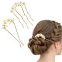 2Pcs Pearl Flower Hair Side Combs for Women, U-Shaped French Hair Pin for Buns, Gold Metal Hairpin Bun Clip, Floral Wedding Hairs Accessories for Girls Ladies Brides Bridesmaids