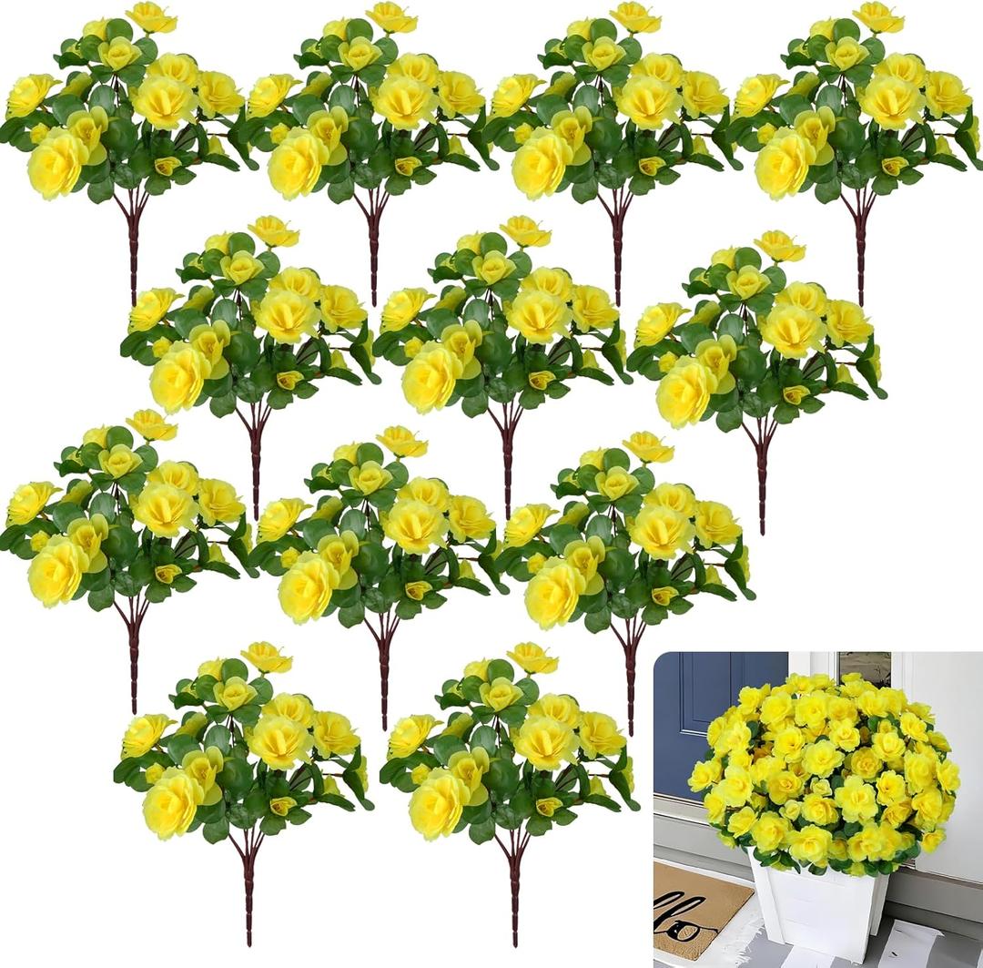 12 Pcs Spring Flowers Artificial Yellow Flowers Outdoor 13.78" UV Resistant Silk Spring Floral Arrangements Azalea Faux Flowers for Outdoor Planters Porch Patio Balcony Garden Vase Table Decor