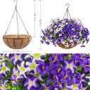 2 Set Artificial Petunias Flowers with Hanging Baskets, 24 Pcs Silk Petunia UV Resistant Purple Faux Petunias Flowers with Hanging Planter for Front Door Porch Spring Outside Decor (2, Purple)
