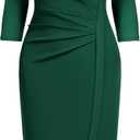 AISIZE Women's Retro 3/4 Sleeve Ruched Elegant Business Pencil Sheath Dress (X-Large, Dark Green)