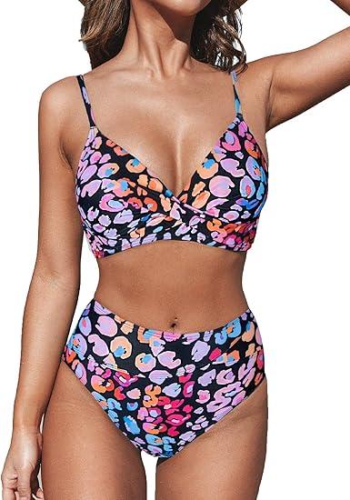 CUPSHE Women's Bikini Sets Two Piece Swimsuit High Waisted V Neck Twist Front Adjustable Spaghetti Straps Bathing Suit L