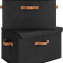 GRANNY SAYS Black Storage Bins with Lids, Decorative Storage Boxes with PU Handles, Linen Closet Organizer, Storage Baskets for Shelves, Fabric Storage Bins for Clothes, Extra Large