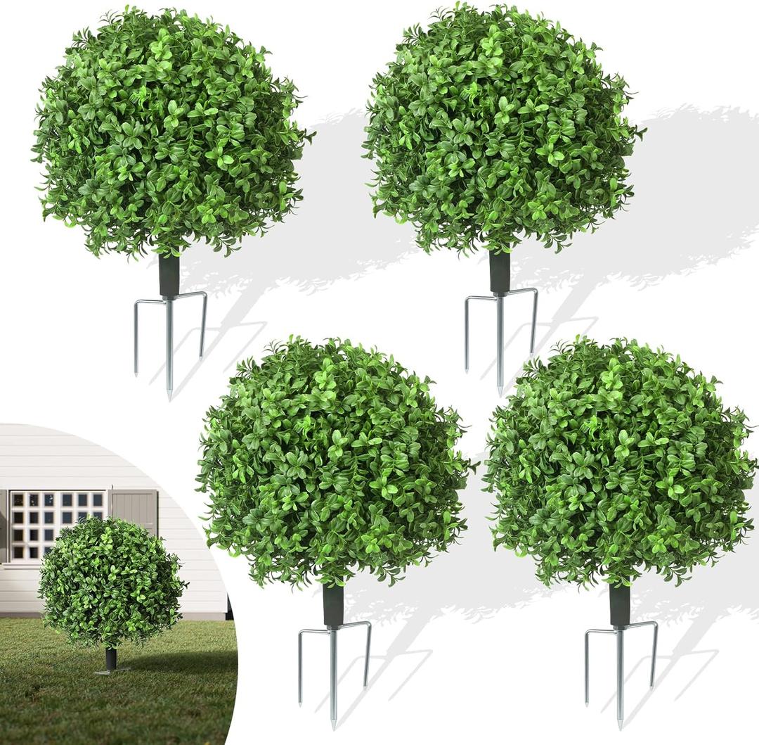 4 Pack Artificial Boxwood Panels with Spike,24" UV Resistant Faux Boxwood Balls for Outdoor Decor,Weatherproof Fake Shrubs for Front Porch Garden Yard Balcony