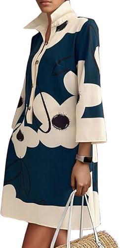 UOOZEE Summer Dresses for Women Casual Shirt Dress 3/ 4 Quarter Long Sleeve Printed Work Dress, Floral, XXL