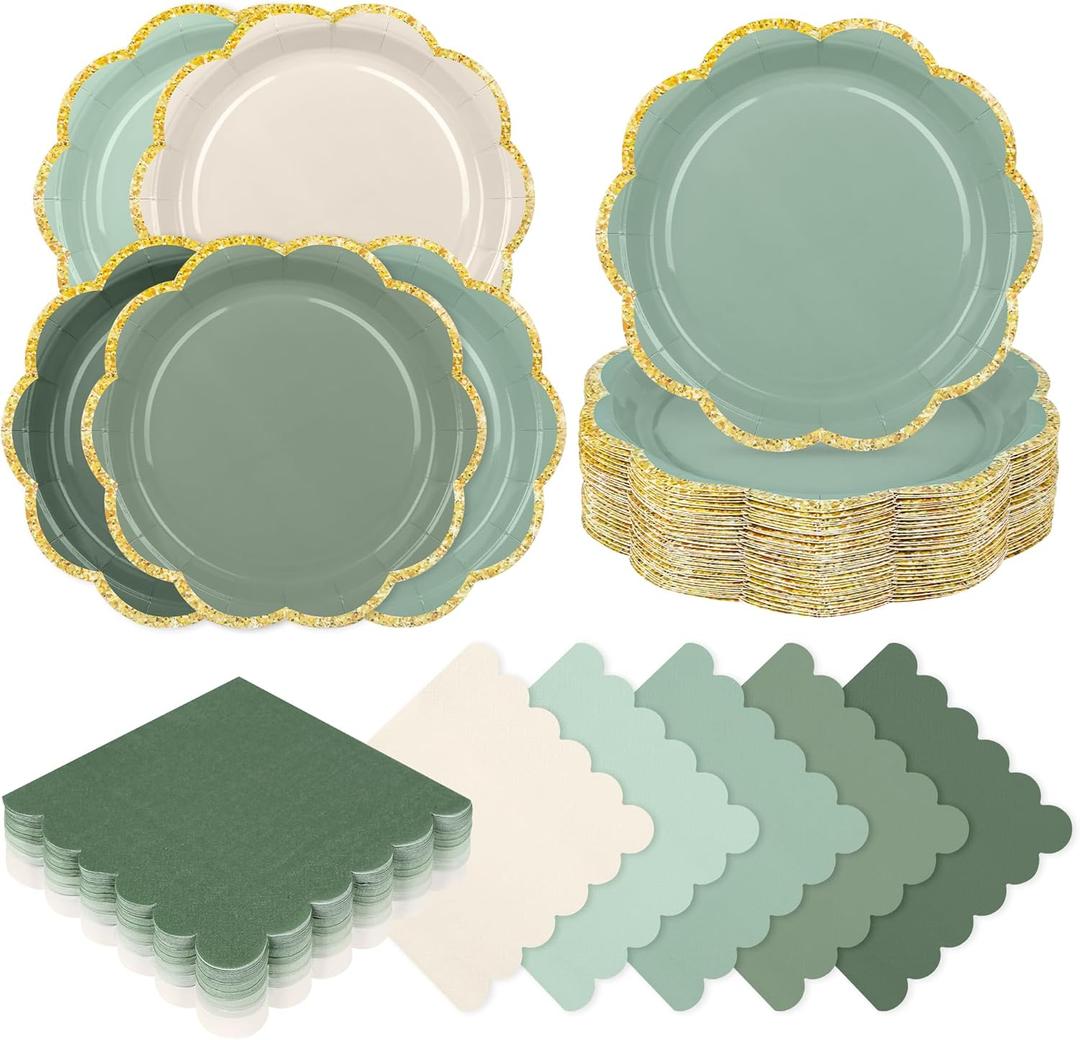 Sage Green Birthday Decorations, 100 Pcs Gradient Scalloped Plates and Napkins Set, Sage Green Paper Plate with Gold Edge for Wedding Baby Shower Bridal shower Birthday Party