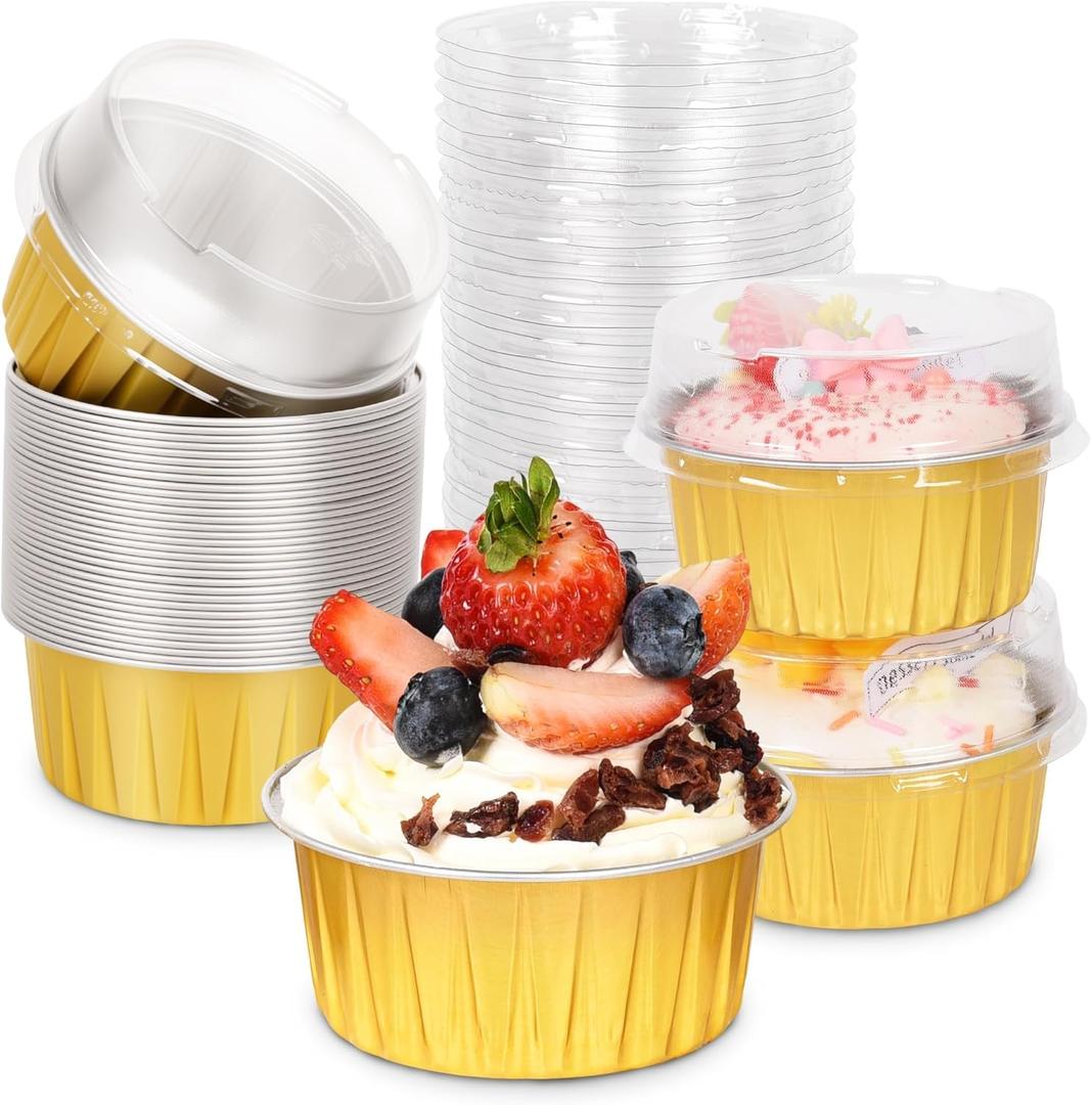 40 Pack Individual Mini Cake Pans with Lids,Round Aluminum Foil Baking Tins5oz Disposable Ramekins Cake Pans for Party,Wedding,Birthday (Gold)