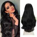 SARLA Clip in U Part Hair Extensions Synthetic Long Wavy Curly Thick Full Head Hairpiece for Women Jet Black 24 Inch