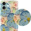 Jusy Case for iPhone 17, Colorful Retro Oil Painting Printed Flower Laser Blue Glossy Pattern Cute Curly Wave Phone Case Soft TPU Cover for Girly Women -Blue
