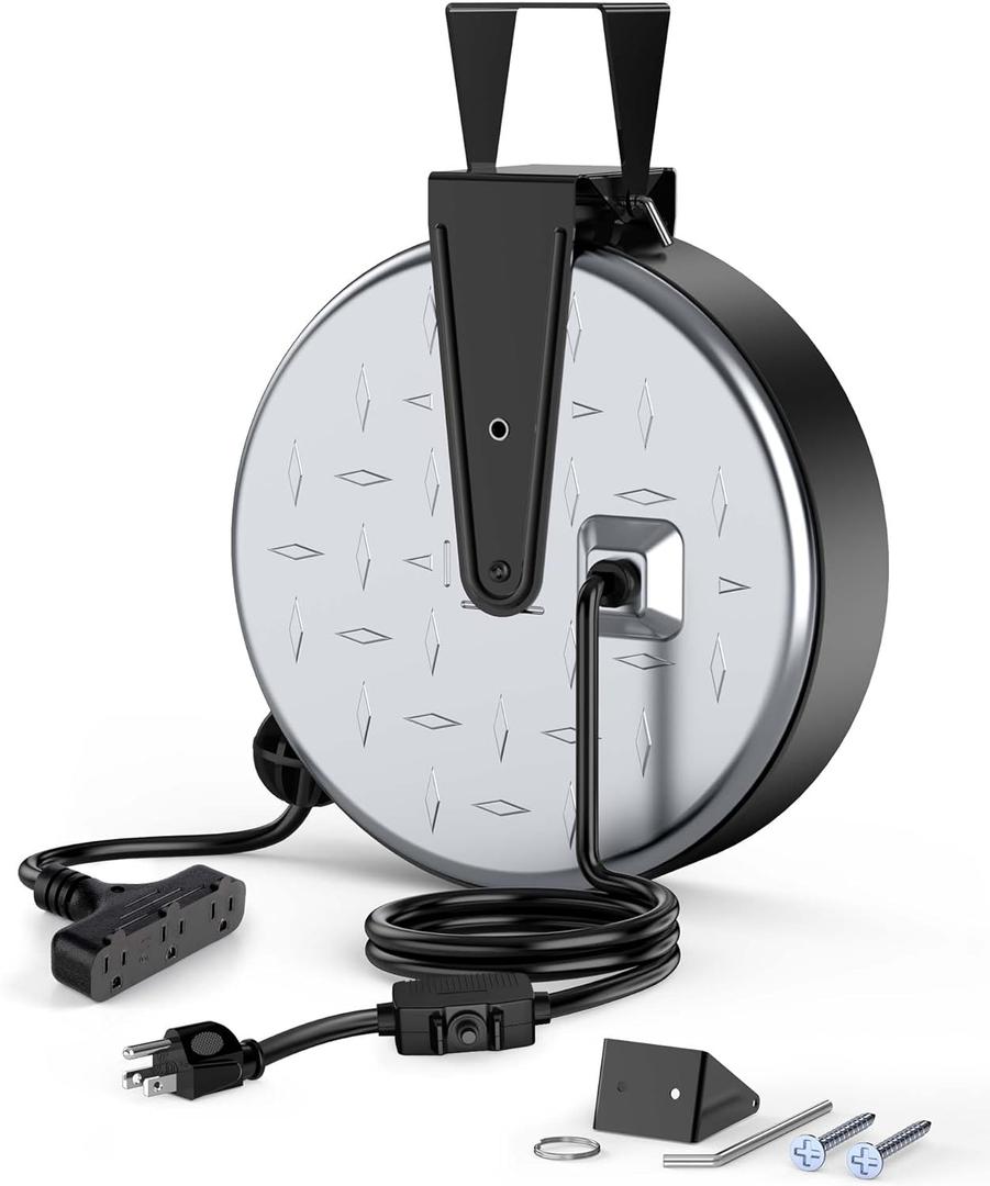 DEWENWILS Metal Extension Cord Reel,30FT Retractable Extension Cord, 16AWG/3C SJTW Power Cord, 3 Electrical Outlets, 10A Circuit Breaker, Wall or Ceiling Mountable for Workshop, Garage, UL Listed (Silver/Black-black Cord)