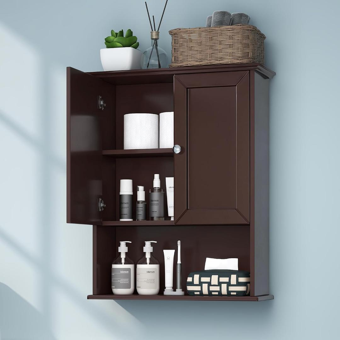 VANIRROR Bathroom Wall Cabinet Expresso Over Toilet Storage - 24x30 in Above Toilet Wood Medicine Cabinet with Adjustable Shelf & 2 Door Mounted Wall Cabinet
