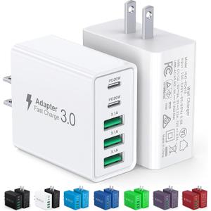 [2-Pack] USB C Wall Charger,50W 5-Port PD Fast USB C Charging Block,2USB C+3USB A Multiport Plug, Type C Power Adapter Brick Cube for iPhone 17/16/15/14/13/12/Pro Max/XS, iPad, for Switch, Samsung, Ultra 2 (White)