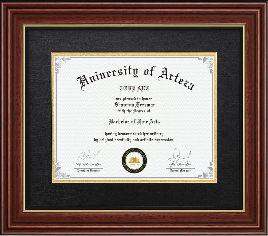 CORE ART Diploma Frame Display 11x14 Documents with Mat or 15x18 Pictures without Mat, Real Wood Wall Frame with Tempered Glass(Chocolate Brown)