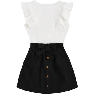 SHENHE 2pcs Girl's Skirt Outfits Ruffled Ribbed Cap Sleeve T Shirt and Button Down Tie Front Skirt Set White and Black 12 Years SHENHE 2pcs Girl's Skirt Outfits Ruffled Ribbed Cap Sleeve T Shirt and Button Down Tie Front Skirt Set White and Black 12 Years