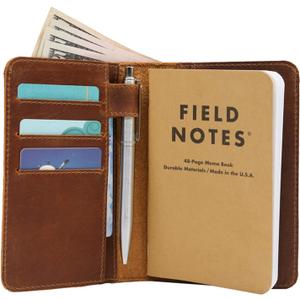 Leather Field Notes Wallet Cover For Memo Pocket Sized Notebook, Fits 3.5 X 5.5 Notebooks, Separate Pocket For Cash, Real Top Grain Leather, Multiple Pockets For Extra Functionality And Pen Loop
