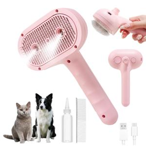 Cat Steam Brush with Release Button, 3-in-1 Steam Grooming Brush for Shedding, Hair Removal tool for Dogs & Cats, Self Cleaning Spray Comb with Mist for Long Haired Pets (Pink)