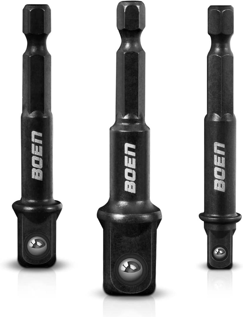 BOEN Impact Grade Socket Adapter Set, 3-PCS Drill Bit Adapter with Bit Holder, Sizes 1/4", 3/8", 1/2", 1/4-Inch SAE Hex Shank, Cr-V with Black Phosphate Finish