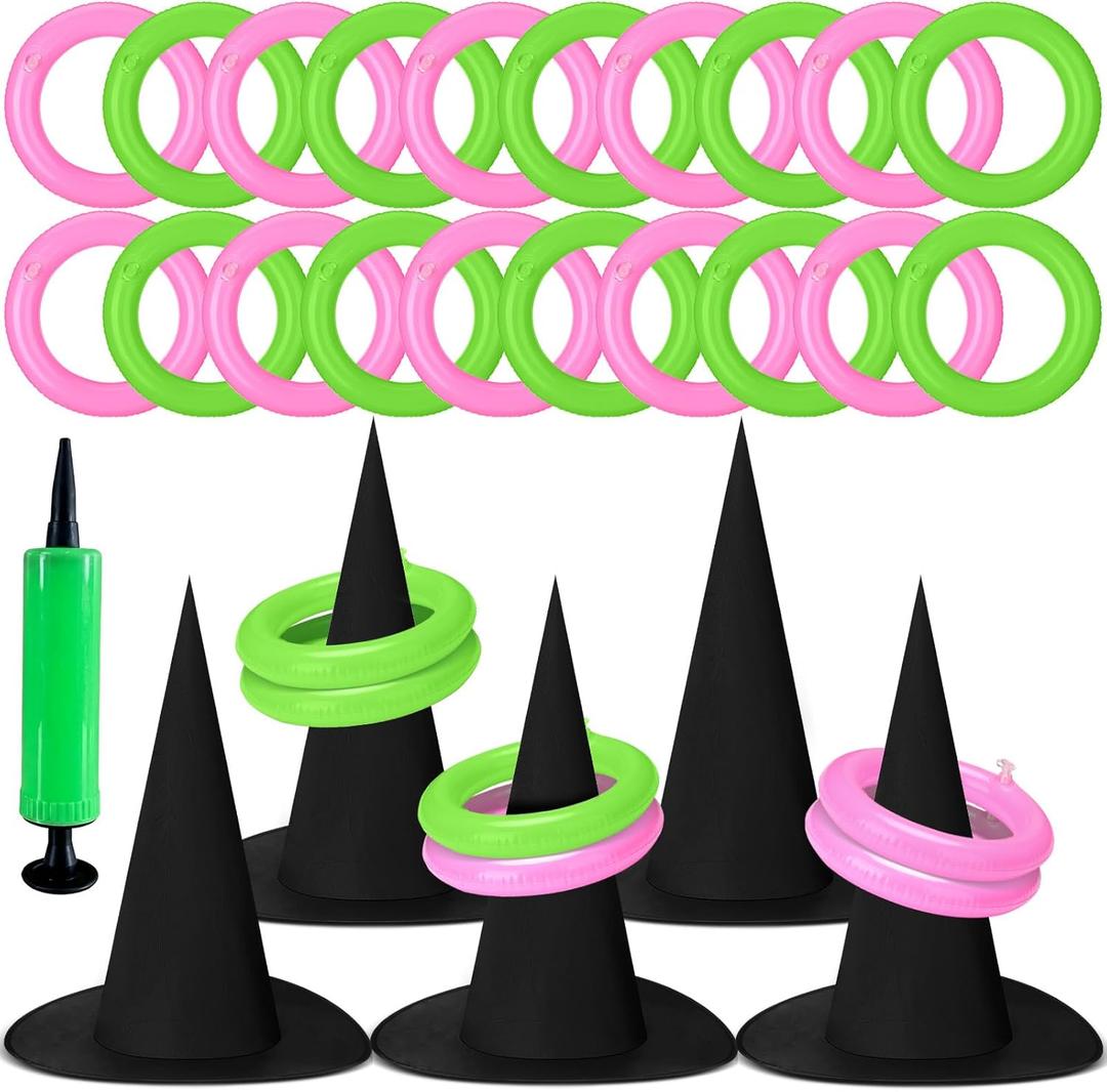 Leitee 25 Pcs Witch Hat Ring Toss Games Set Halloween Party Favors Pink and Green Party Decorations 5 Black Oxford Fabric Wizard Hats with 20 Inflatable Rings for Girls Women Birthday Movie