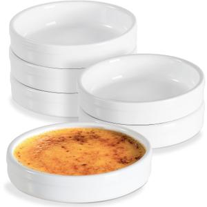 ONEMORE Ramekins 4 oz, Creme Brulee Ramekins Oven Safe Ceramic Shallow Souffle Dishes for Baking Custard, Mini Pies, Puddings and Dipping Sauces 4.5 inch White Mini Round Quiche Pans Set of 6