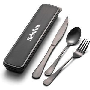 4-pieces Travel Set with Case Portable Silverware Utensils Set for work, Stainless Steel Reusable Flatware Set Cutlery Set for Camping Picnic Hiking Office (6.7inch, Matte Black)