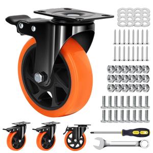 5 Inch Orange Heavy Duty Locking Caster Wheels Set of 4  2600LBS Total Capacity, PU Industrial Casters with Dual Brake for Workbench, Machinery & Warehouse Carts  Heavy Duty Industrial Use Only