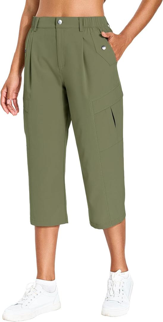 Women's Cargo Capris Lightweight Quick Dry Hiking Pants Water Resistant Summer Travel Pants with 6 Pockets 2026 (Army Green, M)