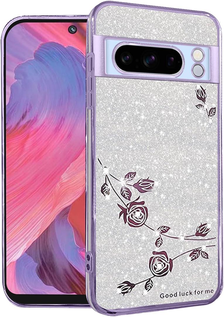 for Google Pixel 8 Pro Case Clear Glitter Sparkle Aesthetic Google Pixel 8 Pro Phone Case Silicone TPU Soft Flower Transparent Shockproof Cover Pruple Thin (Silver-Purple)