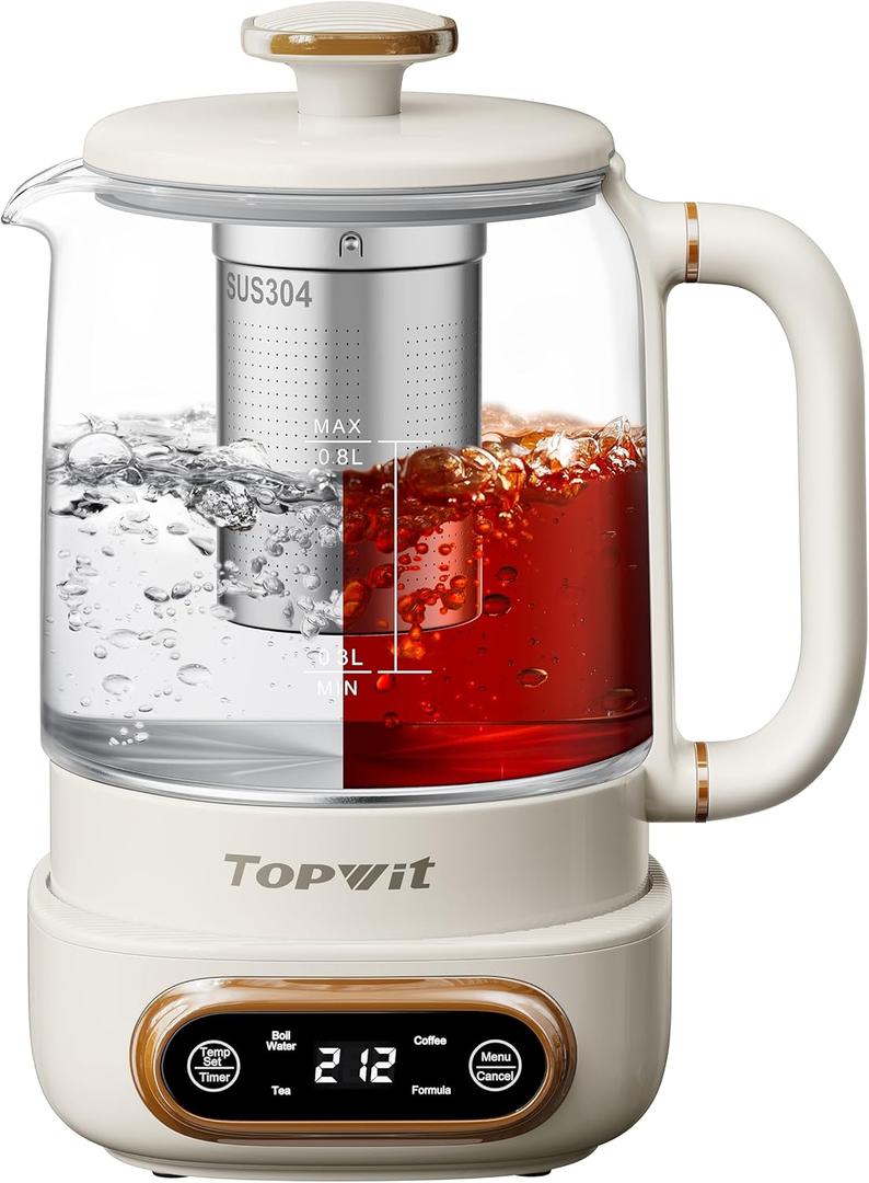 Topwit Electric Tea Kettle, 11 Temperature Control & 4 Presets Glass Kettle with Removable Infuser, 0.8L Electric Kettle for Coffee, Formula, Tea Maker with 8H Keep Warm, Boil-dry Protect, Beige