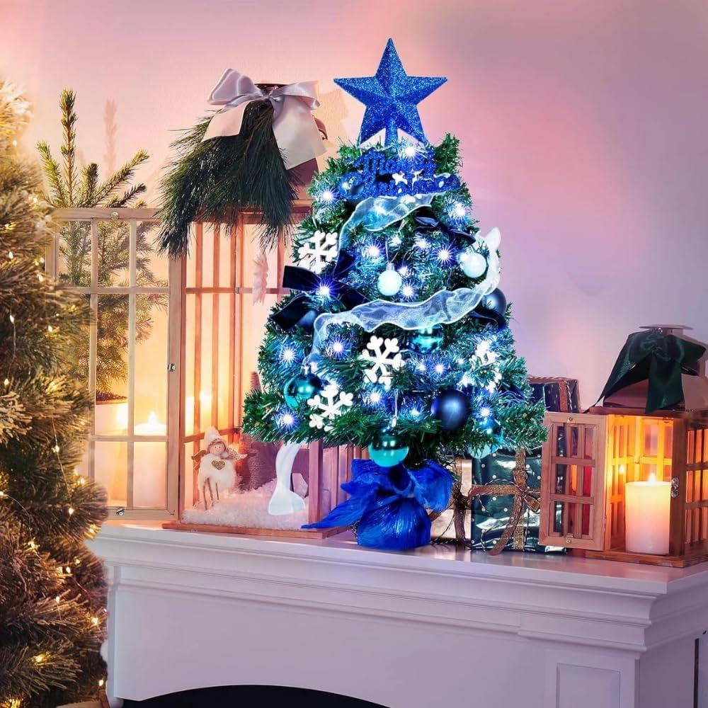 24-Inch Mini Tabletop Christmas Tree with Timer and LED Lights Snow Flocked Holiday Tree with 27 Ornaments, 80 Branch Tips Office, Home, and Winter Decor, (Blue)