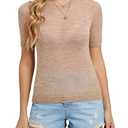 Women’s Short Sleeve Knit Top – Alpaca Wool Blend Ribbed Crewneck Pullover, Slim Fit Casual Tee for Spring & Summer(L, Camel)