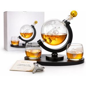 Whiskey Globe Decanter Set with 2 Glasses  850ml Globe Whiskey Decanter, Luxury Bourbon Gift Set for Men, Fathers Day, Anniversary & Home Bar Decor