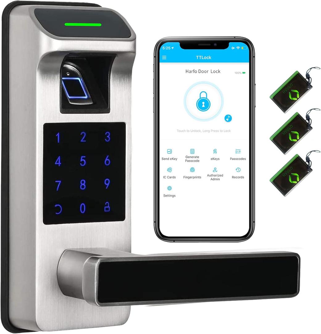 Harfo Fingerprint Door Lock, Heavy Duty Full APP Control Touchscreen Keypad Keyless Lock with Reversible Handle, Perfect for Home/Office/Bedroom Doors (Satin Nickel)