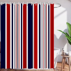Navy Blue Red White Shower Curtain Abstract Geometric Stripes Modern Contemporary Simple Fashion Lines Nautical Classic Creative Polyester Curtains Bathroom Decor with Hooks, 64x72 Inch