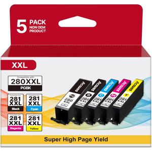 280XXL 281XXL Ink Cartridges 5 Pack High Page Yield Compatible for Canon 281 Ink Cartridges 280 Work with Canon TR8620A TR8600 TR8520 TS702A TS7720 TS9520 TS9521C Printers
