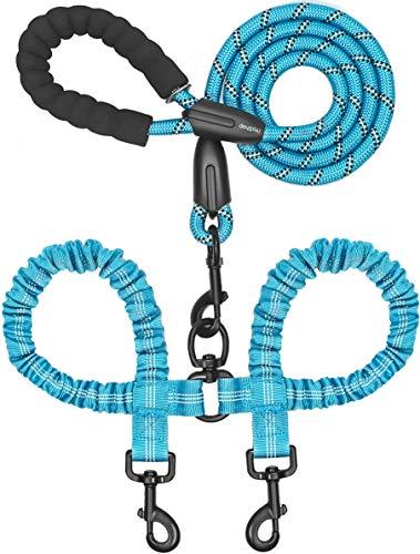 iYoShop Dual Dog Leash - 360° Swivel, No Tangle Walking Leash with Shock Absorbing Bungee for Two Dogs (Medium, 8-35 lbs, Blue)