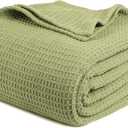 Tex Trend 100% Cotton Blankets Queen Size - Waffle Weave Cotton Blanket - Breathable Lightweight for Spring Summer - Gift for Women, Sage Green, Queen 90x90 Inches