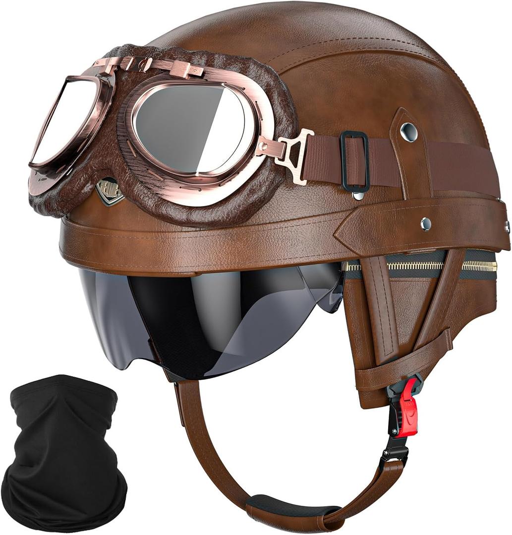 German Style Motorcycle Helmet - DOT Approved Vintage Leather Novelty Half Helmets for Motorcycle with Goggles/Visor, Removable Lining/Earmuffs, for Cruiser Scooter Chopper Moped, for Adults Men Women (M(57~58cm), Brown)