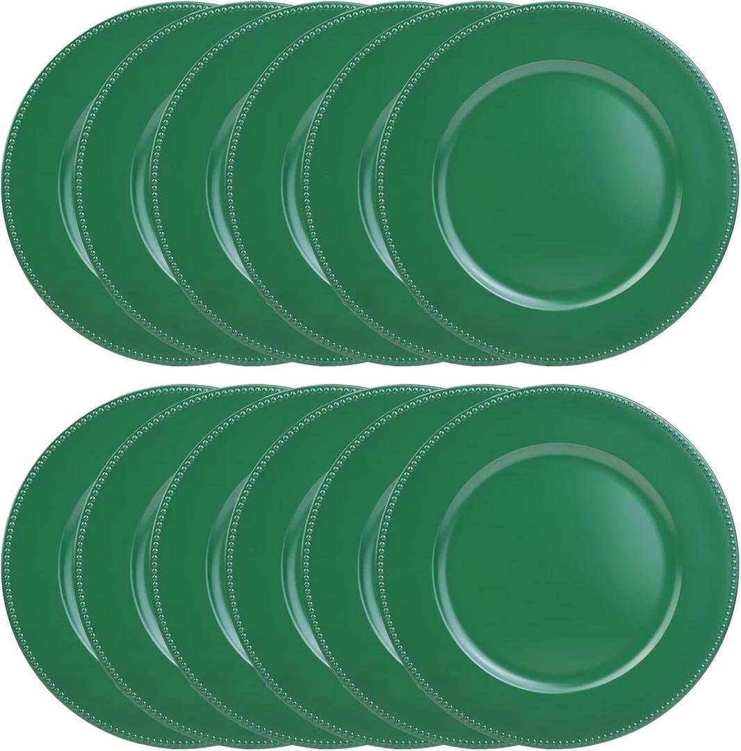 Set of 12 Green Charger Plates with Beaded. 13" Reusable Plastic Table Chargers for Dinner Plates