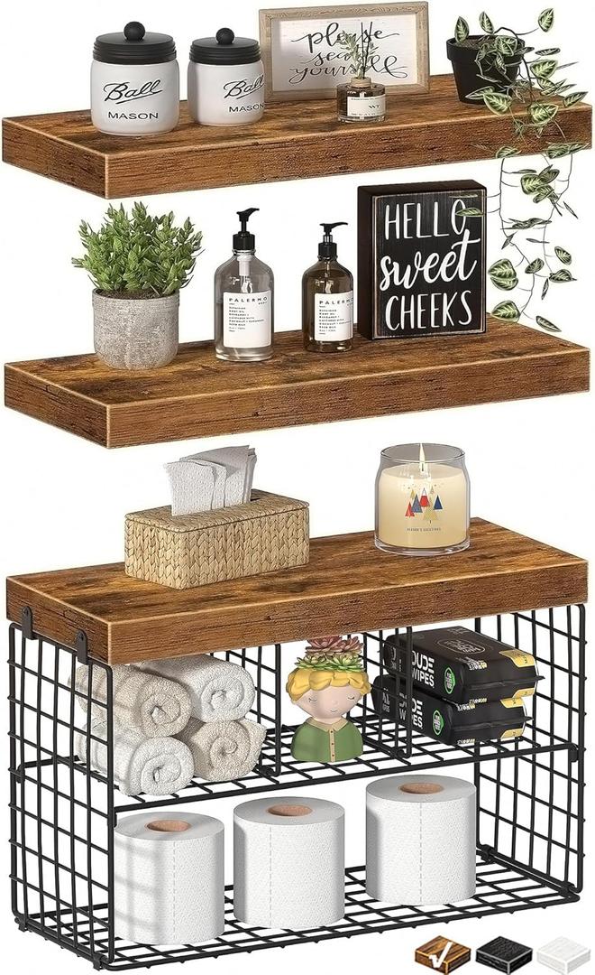 Bathroom Floating Shelves for Wall - Shelf Over Toilet Storage Small Farmhouse Decor Shelves (15.7 inch, Set of 3, Rustic Brown) (A. Brown)