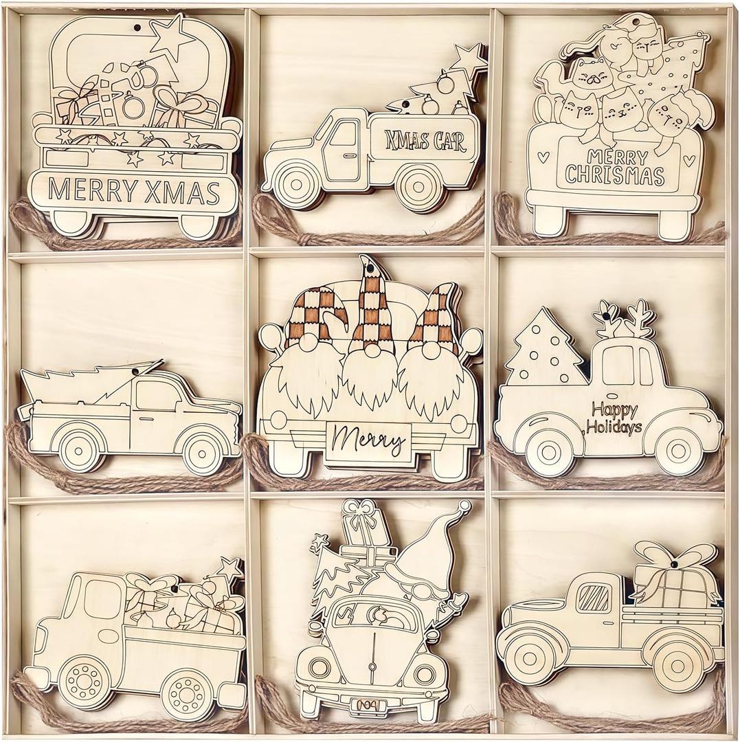 N&T NIETING 27pcs Wooden Car Shaped Embellishments Hanging Ornaments for Christmas Decoration