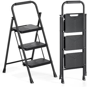 Urackify 3 Step Ladder, Portable Folding Ladder for Multi-Purpose, Home, Kitchen, Heavy Sturdy Steel Step Stool with Handrail, Anti-Slip Wide Pedals, Safe-Lock Design, Pass 500lbs Load Testing, Black