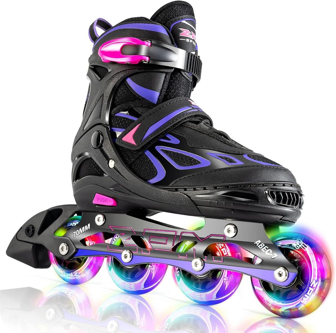2PM SPORTS Vinal Girls Adjustable Flashing Inline Skates, All Wheels Light Up, Fun Illuminating Skates for Kids Men Adult Women and Boys (X-Large - Adult (9.5W-12W/8.5M-10.5M), Violet & Magenta)