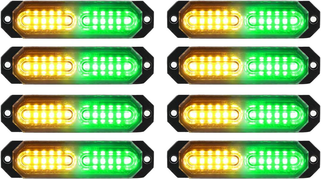 ASPL 8pcs Sync Feature Ultra Slim 12-LED Surface Mount Flashing Strobe Lights for Truck Car Vehicle LED Mini Grille Light Head Emergency Beacon Hazard Warning Lights (Amber/Green)