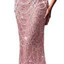 Women's Strapless Champagne Evening Gown Beaded Bodycon Maxi Dress for Prom Party Cocktail Wedding (Pink, XL)