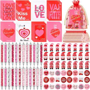 24 Sets Valentine's Day Gift Bulk Heart Ballpoint Pens Gnomes Figurines Brooch Pins Notebooks with Organza Bags, Retractable Black Ink Pens Red Pink Gift for Valentine's Day Party Favors Office