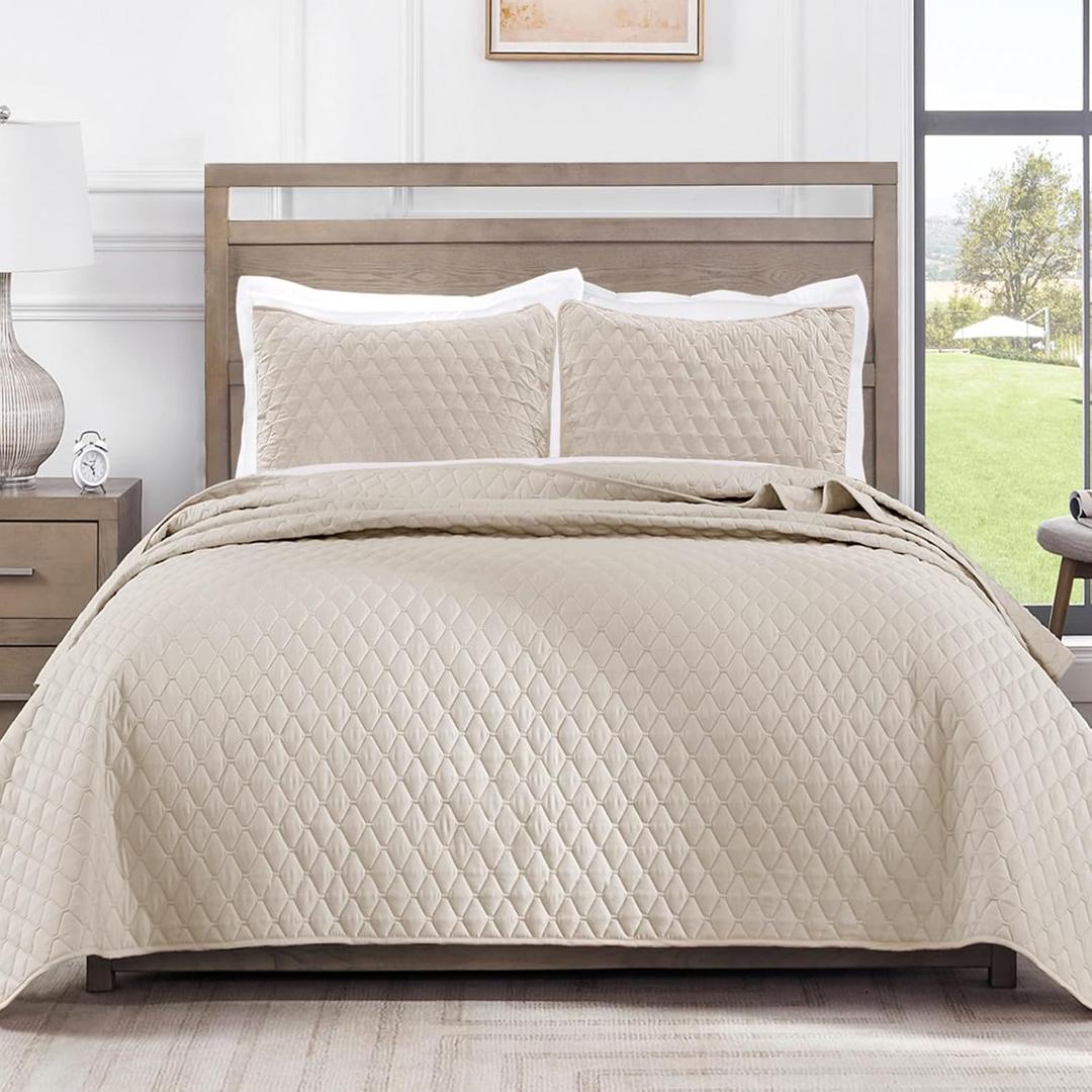 Exclusivo Mezcla Reversible Full Queen Quilt Bedding Set with Pillow Shams, Lightweight Quilts Queen Size, Soft Bedspreads Bed Coverlets for All Seasons - (Brich Beige, 90"x96")