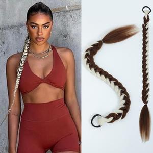 Long Braided Ponytail Extension for Black Women Soft Synthetic Hair Piece with Hair Tie Straight Wrap Around Ponytail Braided Hair Extensions pre Stretched 24 Inch 2 Packs 120 Gram (stripe skunk)