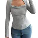 SHENHE Women's Long Sleeve Cowl Neck Shirts Draped Slim Fit Y2k Going Out Tops Blouses Light Grey Medium (M)