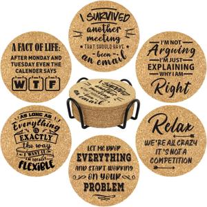 Office Gifts for Coworkers, Novelty Gifts for New Colleagues Employees Boss, Funny Office Desk Coasters, 6 Pcs Drink Coasters with Metal Holder, Birthday Housewarming Gifts for Men Women