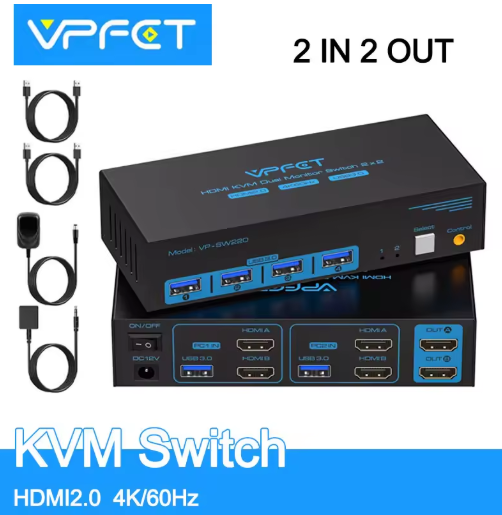 HDMI KVM Switch 2 Monitors 2 Computers 4K@60Hz USB 3.0 Dual Monitor KVM Switch 2 Ports for 2 PC Share 2 Screens and 4 USB Devices for Keybord Mouse Printer with Desktop Controller